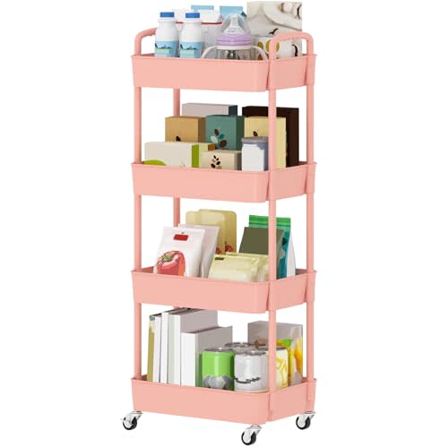 Sywhitta 4-Tier Plastic Rolling Utility Cart with Handle, Multi-Functional Storage Trolley for Office, Living Room, Kitchen, Movable Storage Organizer with Wheels, Pink