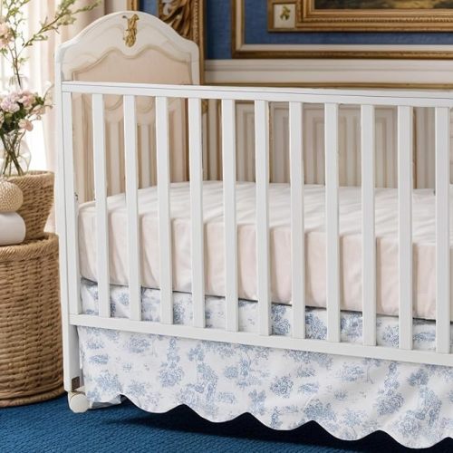 Brandream French Country Toile Crib Skirt, Baby Girl Gender Neutral Crib Skirt Scalloped Toddler Bedskirt Vintage Blue Toile Floral Print 100% Cotton Farmhouse Chic Nursery Crib Bed Skirt