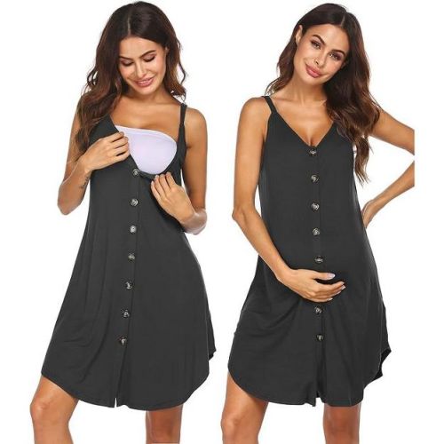 Ekouaer Women 3 in 1 Labor and Delivery/Maternity/Nursing Nightgown Button Down Sleeveless Pregnancy Dress for Breastfeeding Dark Grey XXL