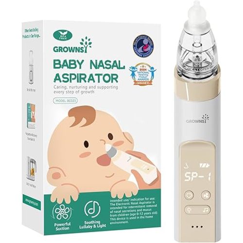 GROWNSY Nasal Aspirator for Baby, Electric Baby Nose Sucker, Automatic Nose Cleaner with Larger Suction Chamber and More Powerful Suction, Music and Light Soothing Function, Beige
