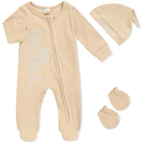 Newborn Baby Boy Fall Winter Outfits Zippered Romper Letter Embroidered Coming Home Jumpsuit with Hat Mittens