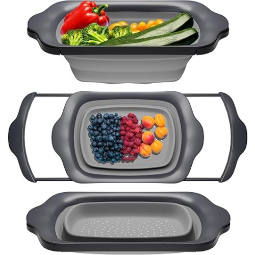 XL Large Kitchen Strainer by Comfify - Collapsible Silicone Over-The-Sink Colander with Extendable Handles - Use with Pasta, Fruit, Berries & Veggie - 6 Quart - Gray