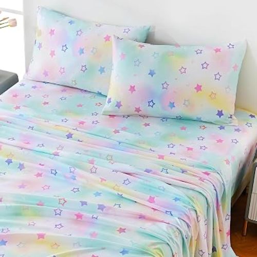Full Sheet Set Kids,4 Pieces Breathable Soft Microfiber Bedsheets for Child Boys Girls, Anti Pilling Deep Pockets Easy Care Bed Sheets, Stars