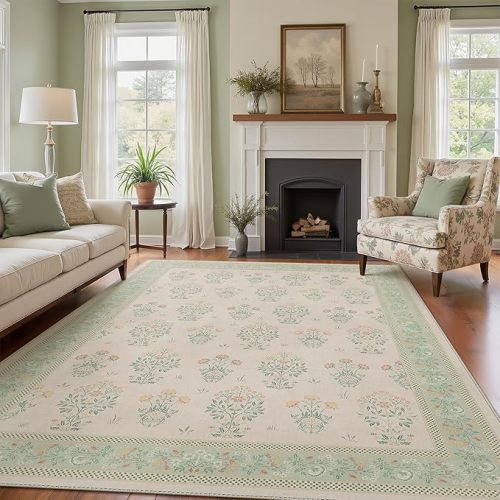 GENIMO 5x7 Vintage Floral Area Rug, Soft Microfiber Washable Rug with Non-Slip Backing, Green Carpet for Living Room, Bedroom and Dining Room