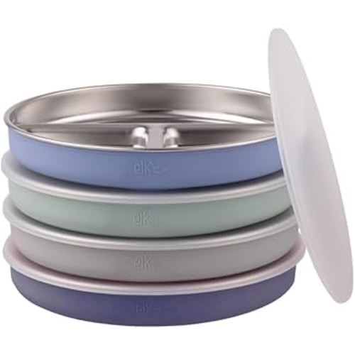 Stainless Steel Divided Plates + Silicone Sleeve and Storage Lid | Baby, Toddler, Kids | Dinner & Snack Plates | 4 Pack
