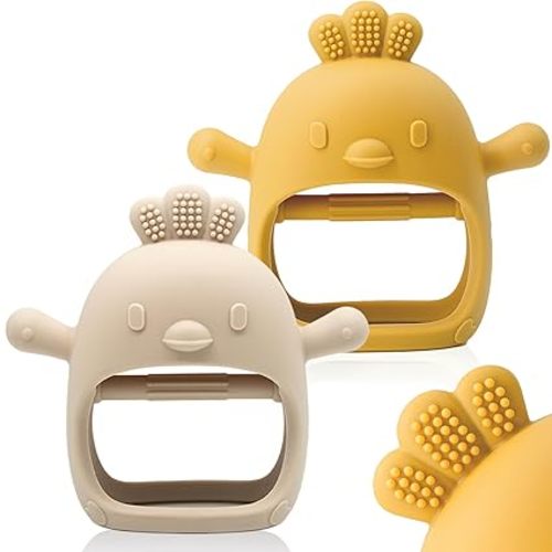 2 Pack Baby Teething Toy Silicone Teething Mitten for Babies Over 3 Months Anti Dropping Wrist Hand Teethers Baby Chew Toys for Sucking Needs, BPA Free (Ginger & Caramel)
