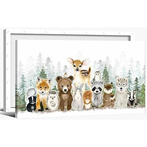 Woodland Animal Nursery Canvas Wall Art Watercolor Forest Baby Animal Painting Picture Nursery Wall Decor Fox Bear Deer Poster Print for Boys Room Girls Room Home Decoration 24 x 12 Frame