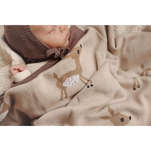 Bleu La La Knit Baby Swaddle Blanket - 100% Cotton Soft Cozy Receiving Swaddling Stroller Blanket Quilt for Shower Gift Registry for Newborns Infants Toddlers Gender Neutral (Deer - Taupe)