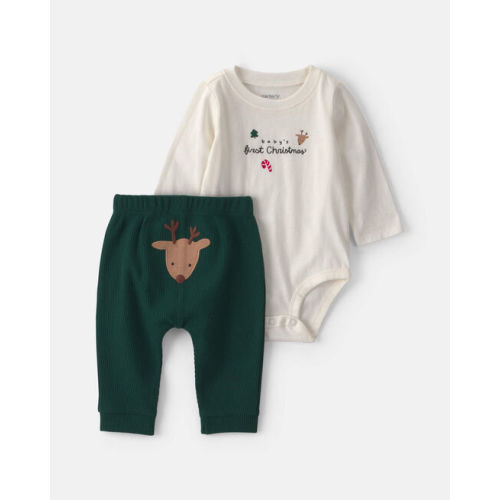 Baby 2-Piece 'Baby's First Christmas' Long-Sleeve Bodysuit & Pant Set - Ivory/Green | Carter's