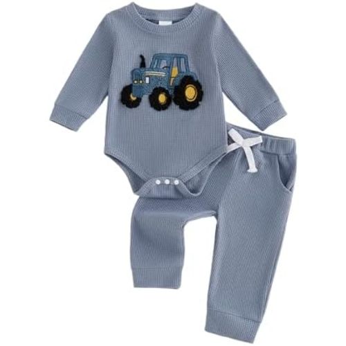Douhoow Baby Boy Fall Outfits Tractor Embroidered Baby Sweatshirt Romper and Pants Infant Boys Festival Clothes