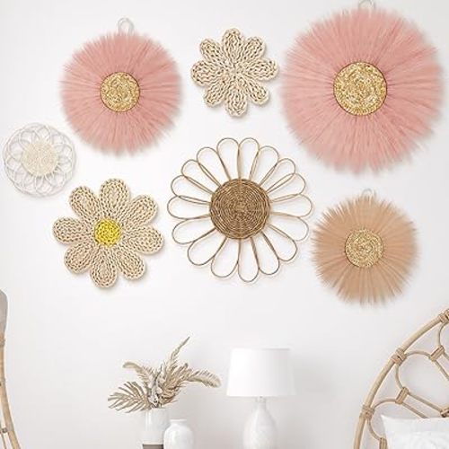 Chunful 7 Pcs Boho Wall Basket Decor Rattan Flower Wall Decor Nursery Daisy Flower Woven Macrame Hanging Flowers for Baby Kids Girls Farmhouse Bedrooms Living Rooms Kitchen Home (Dark Pink)