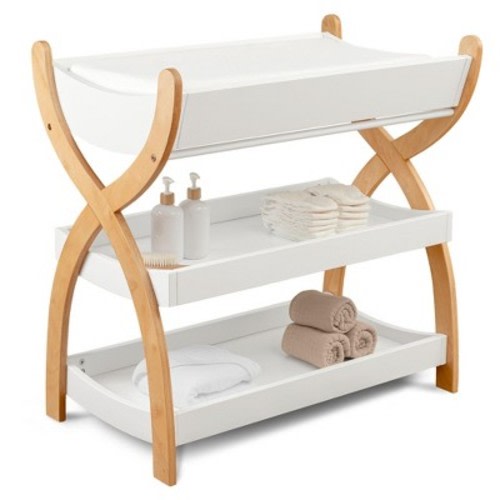 Comfy Cubs Baby Changing Table - Sturdy Wood Construction, Timeless Look with Two Open Shelves for Infant Essentials - White With Natural Wood Legs