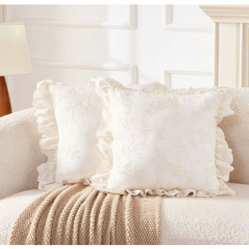 18x18 Throw Pillow Covers Set of 2, French Style Florals Embroidered & Lace Ruffle Trim Pillowcase, Cream
