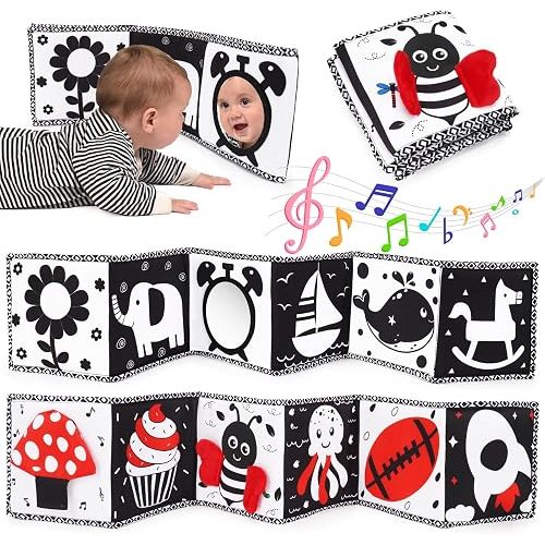 Black and White High Contrast Toys for Baby 0-3 3-6 months Infant Tummy Time Soft Book Sensory Musical Toy 0-2-4-6 month Babies Brain Development Crinkle Book Mirror Newborn Shower Gifts Boys Girls