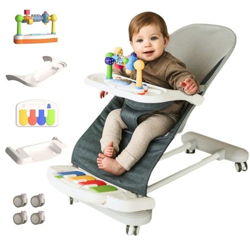 CuddoBaby Baby Bouncer 4-in-1 on Wheels |Detachable Pianos, Feeding Tray| 3-Level Recline Foldable Seat with Play Bar for Infant to Toddler 0-6, 0-12, 12-24 Months, Boy Gift Idea - Blue