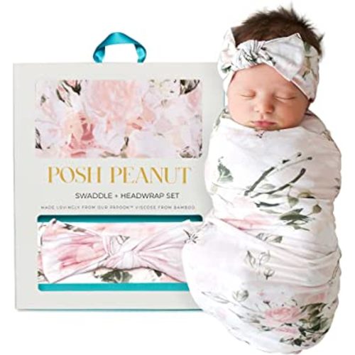 Posh Peanut Swaddle Blanket & Headband Set – Viscose from Bamboo Stretchy Baby Swaddle for Newborn Girls, Receiving Blanket or Nursing Cover