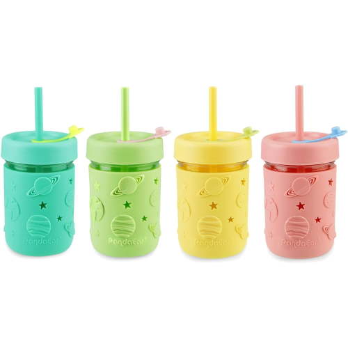 PandaEar Kids & Toddler Glass Cups, 4 Pack Glass Mason Jar Cups 8.45 oz with Silicone Sleeves & Straws, Toddler Spill-Proof Smoothie & Snack Cups