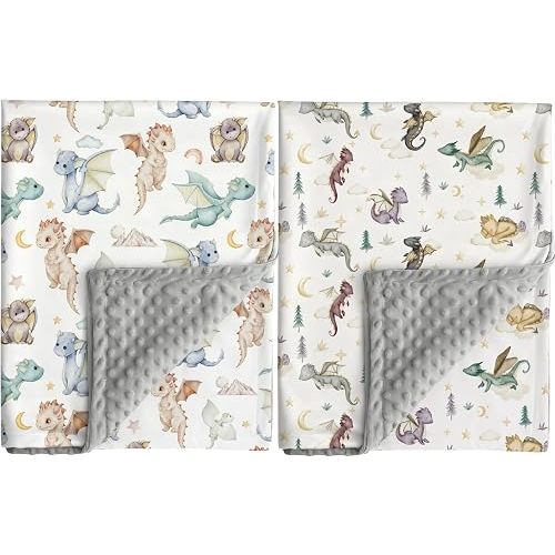 FIGEPO Dragon Baby Blanket DND Gender Neutral Minky Blankets for Newborn Baby Girls or Boys Nursery Toddler Double Layer Blanket with Dotted Backing and Dragon Printed (White)