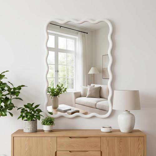 Matte White Wavy Solid Wood Mirror (20x30in) – Organic Bathroom Entryway Decor