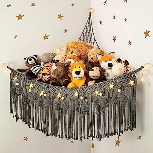 ANROYE Macrame Stuffed Animal Hammock with Star Light, Bear Storage Net for Girls Room Decor, Corner Hanging Mesh Organizer Idea for Nursery, Plushies Toy Wall Hanging Display Holder Kid Boy Gift