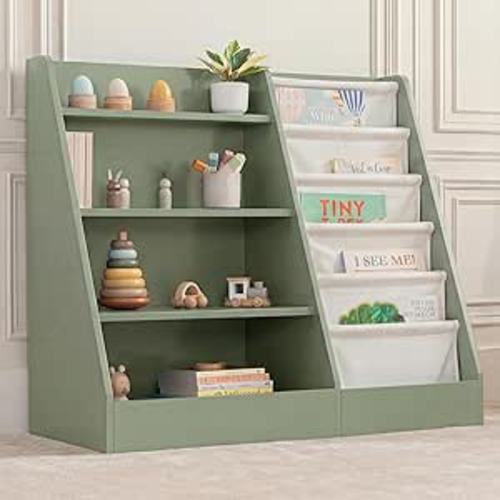 Comfy Cubs Kids Bookshelf 35.2 x 15.7 x 31.5 Inches - Sturdy MDF Montessori Book Shelf with Soft & Hard Shelves for Toys & Books - Child-Friendly, Easy Access Storage Organizer for Kids - Sage