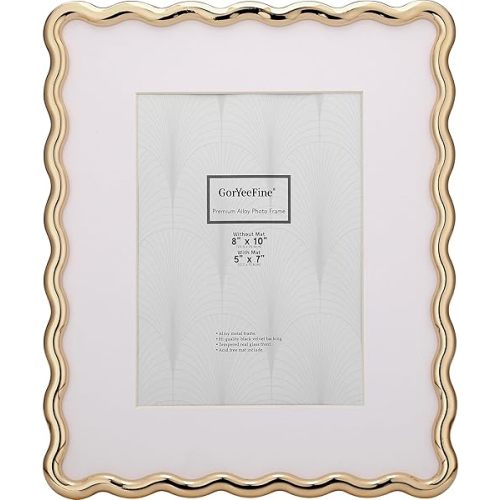 8 x 10'' Heavy-Duty Zinc Alloy Gold Photo Frames with Acid Free Mat for 5x7'',Wave Design Gold Picture Frame 8x10'' with Black Velvet Back