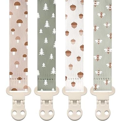 Stadela Baby Pacifier Clip Holder - Girl or Boy Unisex 4 Pack Gift Set – Woodland Mushrooms Bees Neutral Green Beige (Forest)