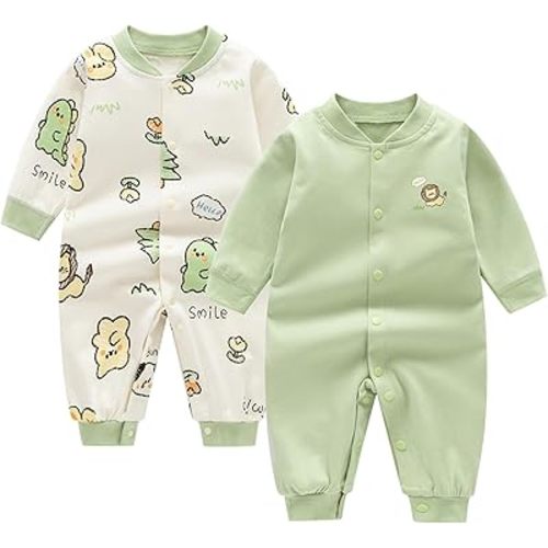 Newborn Baby Boys 2 Pack Cotton Romper Outfits Infant Long Sleeve One-Piece Toddler Button Jumpsuits