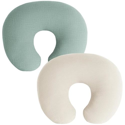 Muslin Nursing Pillow Covers, 2 Pack, Soft & Adorable Slipcovers with Zipper Closure, 100% Cotton Covers for Breastfeeding Pillows (Green)