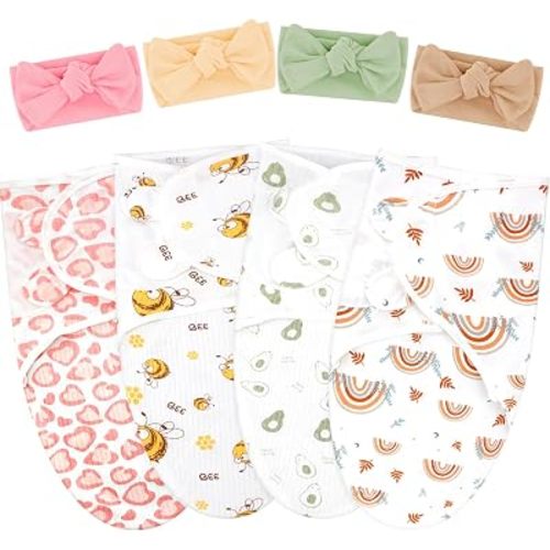 4 Pack Preemie Swaddle Blankets with Headband, Cute, Preemie