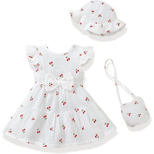 Infant Baby Girl Summer Dress Ruffle Flutter Sleeve Bowknot Sundress Gifts Casual Clothes Outfits with Hat and Bag