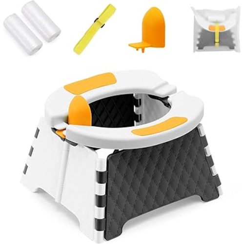 Toddler Portable Potty Training Seat for Kids Baby Foldable Toilet Child Travel Potty in Car Camping Potty Chair Seat for Indoor Outdoor, with 60 Disposable Bags