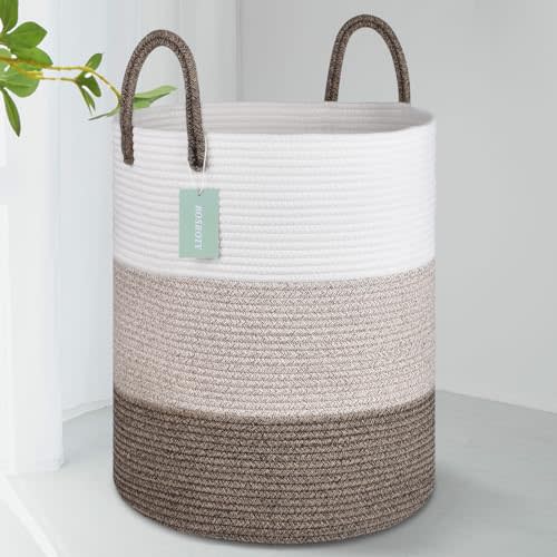 Large Blanket Basket, Tall Laundry Basket 65L, Nursery Hamper with Handles, Laundry Hamper for Storage Toys Clothes Towels, 16”x 20”, White & Gradient Brown