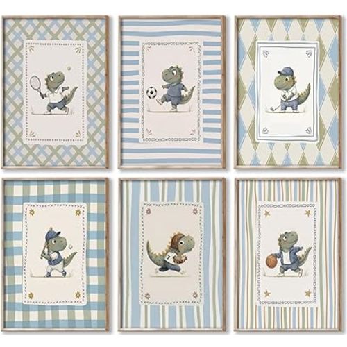 6Pcs Dinosaur Nursery Wall Art Vintage Sports Nursery Canvas Wall Decor Cute Cartoon Dino Painting Picture Watercolor Dino Poster Pints Artwork for Kids' Room Playroom Boy Room 8x10Inch Unframed