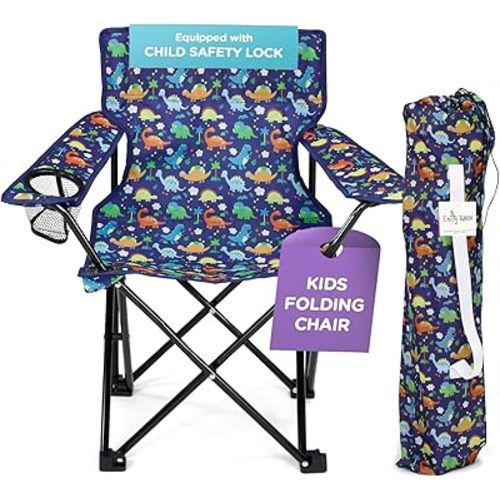 Emily Rose Kids Folding Beach Camping Chair Chair with Safety Lock, Cup Holder & Carry Case - Boys Girls Small Toddler Tailgate, Travel, Lawn Chair for Indoor & Outdoor (Playful Dinosaurs)