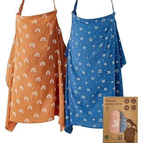 2 Pack Nursing Covers for Breastfeeding, 100% Cotton Muslin, Lightweight & Breathable, Full Coverage with Adjustable Strap (Starry Rainbow Gradient)