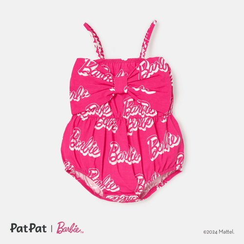 Barbie Baby Girls 1pc 95% Cotton Allover Letter Print Bow Front Cami Romper Size 0-24 Months