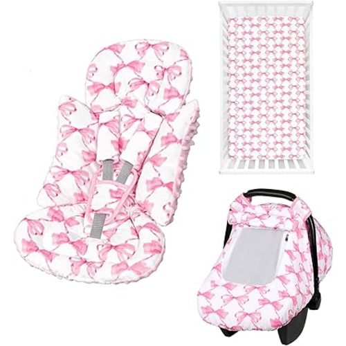 Infant Car Seat Insert & Car Seat Cover Canopy & Crib Sheet for Baby Bind Pink Bow, Soft Baby Car Seat Cushion, Cozy Windproof Car Seat Covers