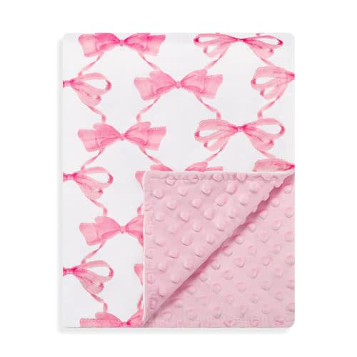 Baby Girl Blanket, Crib Swaddle Blanket, Double Layer, Dotted Backing, Bedding Soft Blanket for Newborn, Toddler Girls Boys Gift, Pink Bow