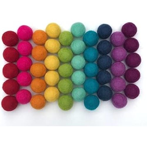 Rainbow Party - 100% Handmade Wool Felt Pom Poms - (50) Pure New Zealand Wool Felt Balls - DIY Pompoms - 0.8-1.0" Size - Drawstring Muslin Bag