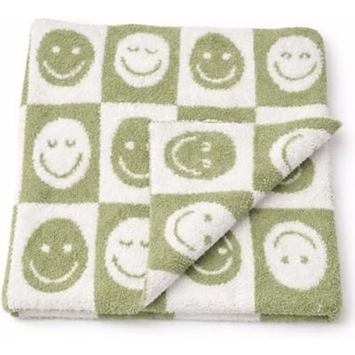 L+L USA Checkered Smiley Face Baby Blanket 28"x40" - DreamSoft Knit Throw for Crib, Stroller or Car Seat Blanket/Newborn Nursery Gift Essential Toddler, Infant, Kids Boys & Girls (Sage Green/White)