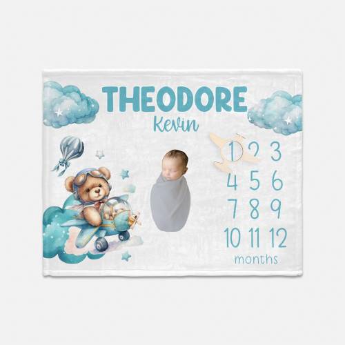 Boy Bear Pilot Baby Milestone Blanket, Milestone Blanket, Bear Baby Blanket, Bear Airplane Milestone Blanket, Airplane Milestone Blanket T62