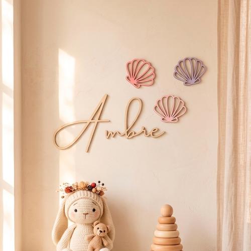 Personalized Wooden Name Sign with Seashells – Pink Purple Nursery Decor