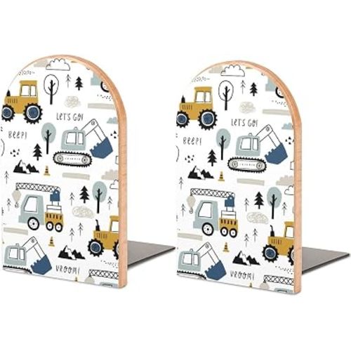 Book Ends Cute Car Childish Cartoon Bookends for Shelves to Hold Books Heavy Duty Non-Slip Book Stoppers Wood Decorative Home Office