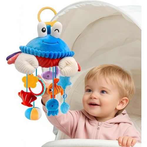 Car Seat Toys for Babies 0-6 Months, Hanging Sensory Crab Plush Toy for Stroller, Crib & Play Gym, Clip-On Montessori Infant Activity Toy with Mirror, Rattle & Teether, Newborn Baby Gifts 0-12 Months