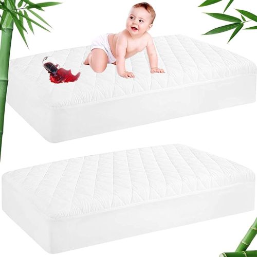 GRT 2 Pack Waterproof Crib Mattress Protector Rayon Made from Bamboo,Quilted Baby Mattress Pad Fitted Deep Pocket from 4" up to 9", Extra Breathable & Noiseless Toddler Mattress Cover 52"x28", White