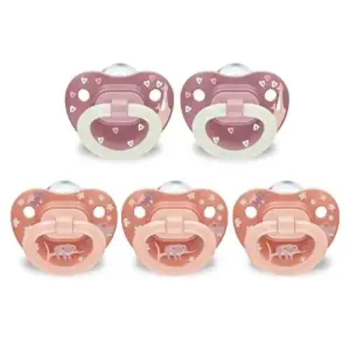 NUK First Choice Classic Orthodontic Baby Pacifier, 0-6 Months Newborn Pacifier, Orange & Pink, Newborn Essentials, 5-Pack