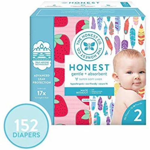 The Honest Company Super Club Box Diapers with TrueAbsorb Technology, Painted Feathers & Strawberries, Size 2, 152 Count