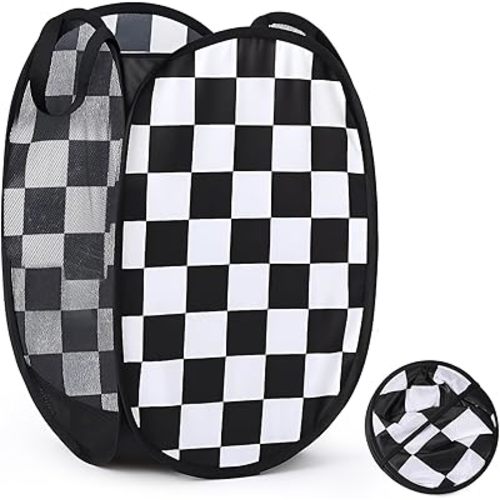 Remerry Pop Up Hamper Racing Flag Laundry Basket 22" x 14" Collapsible Organizer Basket Foldable Mesh Laundry Hamper with Durable Handles for Home Dorm Travel Storage