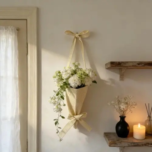 Handmade Stripe Cotton Hanging Flower Bag, Cottagecore Wall Pocket Decor- Flower Gift Bag
